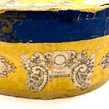 c. 1840s American Wallpaper Band Box with Decoupage in Glorious Yellow and Blue