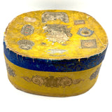 c. 1840s American Wallpaper Band Box with Decoupage in Glorious Yellow and Blue