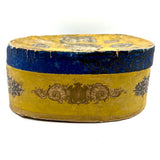 c. 1840s American Wallpaper Band Box with Decoupage in Glorious Yellow and Blue