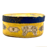 c. 1840s American Wallpaper Band Box with Decoupage in Glorious Yellow and Blue