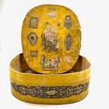 c. 1840s American Wallpaper Band Box with Decoupage in Glorious Yellow and Blue