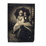 Threesome with Two Umbrellas and a Perched Bowler, Curious Antique Tintype