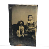 Frowning Girl with Spaniel, Antique Tintype, Framed as Found