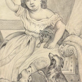Die Beschützerin (The Protector), Victorian Graphite Drawing of Girl with Her Pets in Period Frame