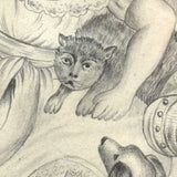 Die Beschützerin (The Protector), Victorian Graphite Drawing of Girl with Her Pets in Period Frame
