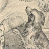 Die Beschützerin (The Protector), Victorian Graphite Drawing of Girl with Her Pets in Period Frame