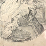 Die Beschützerin (The Protector), Victorian Graphite Drawing of Girl with Her Pets in Period Frame