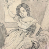 Die Beschützerin (The Protector), Victorian Graphite Drawing of Girl with Her Pets in Period Frame