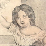 Die Beschützerin (The Protector), Victorian Graphite Drawing of Girl with Her Pets in Period Frame