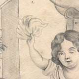 Die Beschützerin (The Protector), Victorian Graphite Drawing of Girl with Her Pets in Period Frame