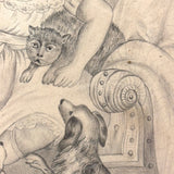 Die Beschützerin (The Protector), Victorian Graphite Drawing of Girl with Her Pets in Period Frame