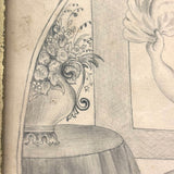 Die Beschützerin (The Protector), Victorian Graphite Drawing of Girl with Her Pets in Period Frame