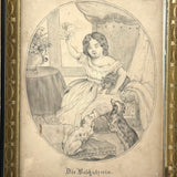 Die Beschützerin (The Protector), Victorian Graphite Drawing of Girl with Her Pets in Period Frame