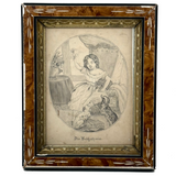 Die Beschützerin (The Protector), Victorian Graphite Drawing of Girl with Her Pets in Period Frame