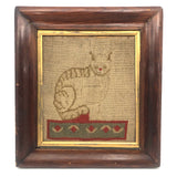 Victorian (1880s) Needlepoint Cat Over Wood Panel with Dated Newspaper on Reverse (Framed as Found, No Glass)i