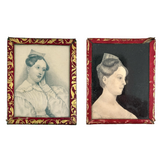 Finely Drawn Double Sided Earlyish 19th Century Graphite Portrait Miniature Under Glass with Paper Wrap