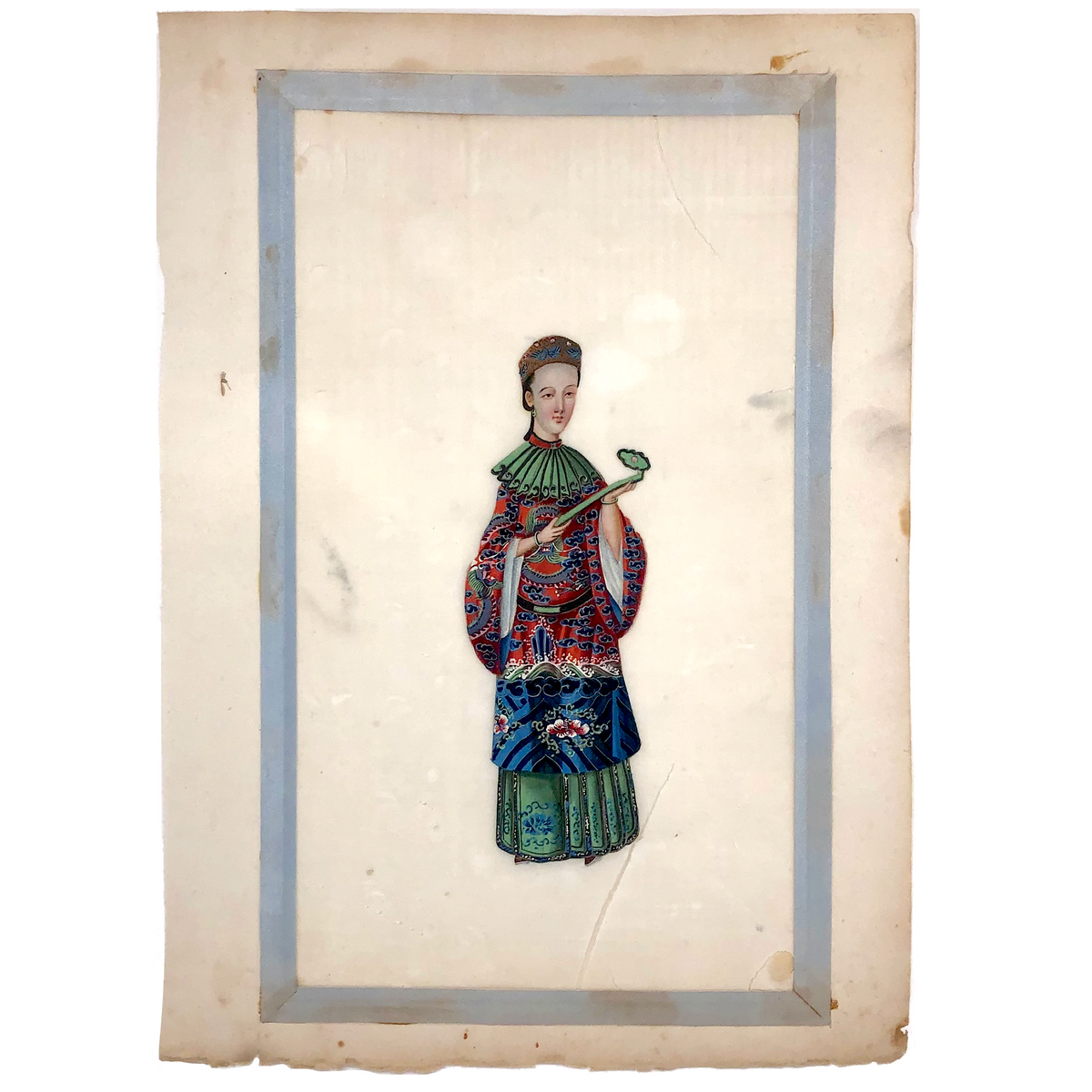 19th C. Chinese Pith Painting Portrait of Woman with Opium Pipe 