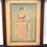 Woman in Garden with One Raised Finger, Marvelous Late 19th Century Graphite and Crayon Folk Drawing, Period Frame