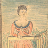 Woman in Garden with One Raised Finger, Marvelous Late 19th Century Graphite and Crayon Folk Drawing, Period Frame