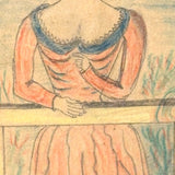Woman in Garden with One Raised Finger, Marvelous Late 19th Century Graphite and Crayon Folk Drawing, Period Frame