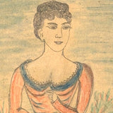 Woman in Garden with One Raised Finger, Marvelous Late 19th Century Graphite and Crayon Folk Drawing, Period Frame