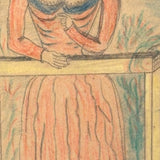 Woman in Garden with One Raised Finger, Marvelous Late 19th Century Graphite and Crayon Folk Drawing, Period Frame