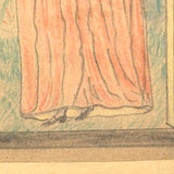 Woman in Garden with One Raised Finger, Marvelous Late 19th Century Graphite and Crayon Folk Drawing, Period Frame