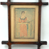 Woman in Garden with One Raised Finger, Marvelous Late 19th Century Graphite and Crayon Folk Drawing, Period Frame