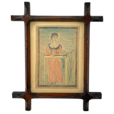 Woman in Garden with One Raised Finger, Marvelous Late 19th Century Graphite and Crayon Folk Drawing, Period Frame