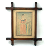 Woman in Garden with One Raised Finger, Marvelous Late 19th Century Graphite and Crayon Folk Drawing, Period Frame