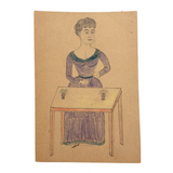 Woman in Purple at Table with Plants, Wonderful Antique Graphite and Crayon Drawing