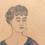 Woman in Purple at Table with Plants, Wonderful Antique Graphite and Crayon Drawing