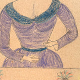 Woman in Purple at Table with Plants, Wonderful Antique Graphite and Crayon Drawing