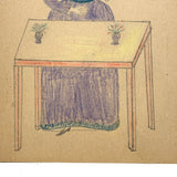 Woman in Purple at Table with Plants, Wonderful Antique Graphite and Crayon Drawing
