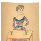 Woman in Purple at Table with Plants, Wonderful Antique Graphite and Crayon Drawing