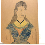 Young Woman in Blue with Yellow Collar and Earring, Wonderful Antique Graphite and Crayon Portrait