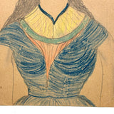 Young Woman in Blue with Yellow Collar and Earring, Wonderful Antique Graphite and Crayon Portrait