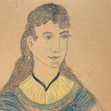 Young Woman in Blue with Yellow Collar and Earring, Wonderful Antique Graphite and Crayon Portrait