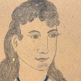 Young Woman in Blue with Yellow Collar and Earring, Wonderful Antique Graphite and Crayon Portrait