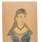 Young Woman in Blue with Yellow Collar and Earring, Wonderful Antique Graphite and Crayon Portrait