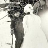 With a Loving Arm Around Snow-woman, c. 1940s Evocatively Flawed Velox Snapshot