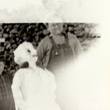 With a Loving Arm Around Snow-woman, c. 1940s Evocatively Flawed Velox Snapshot