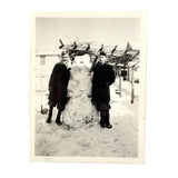 Two Young Men of Different Dispositions with Goofy Snowman, Vintage Velox Snapshot