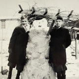 Two Young Men of Different Dispositions with Goofy Snowman, Vintage Velox Snapshot