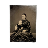 Black Hair and Diamond Patterned Dress, Striking Antique Tinytype of Woman and Young Child