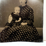 Black Hair and Diamond Patterned Dress, Striking Antique Tinytype of Woman and Young Child