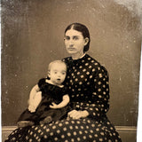 Black Hair and Diamond Patterned Dress, Striking Antique Tinytype of Woman and Young Child