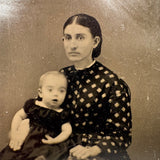 Black Hair and Diamond Patterned Dress, Striking Antique Tinytype of Woman and Young Child