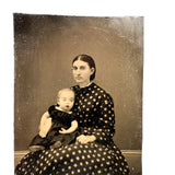 Black Hair and Diamond Patterned Dress, Striking Antique Tinytype of Woman and Young Child