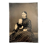 Black Hair and Diamond Patterned Dress, Striking Antique Tinytype of Woman and Young Child